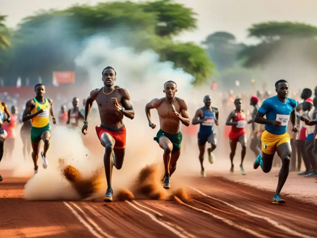 Jóvenes atletas africanos corriendo descalzos en una pista de arcilla roja bajo el sol ardiente, transmitiendo la historia de carrera relevos África