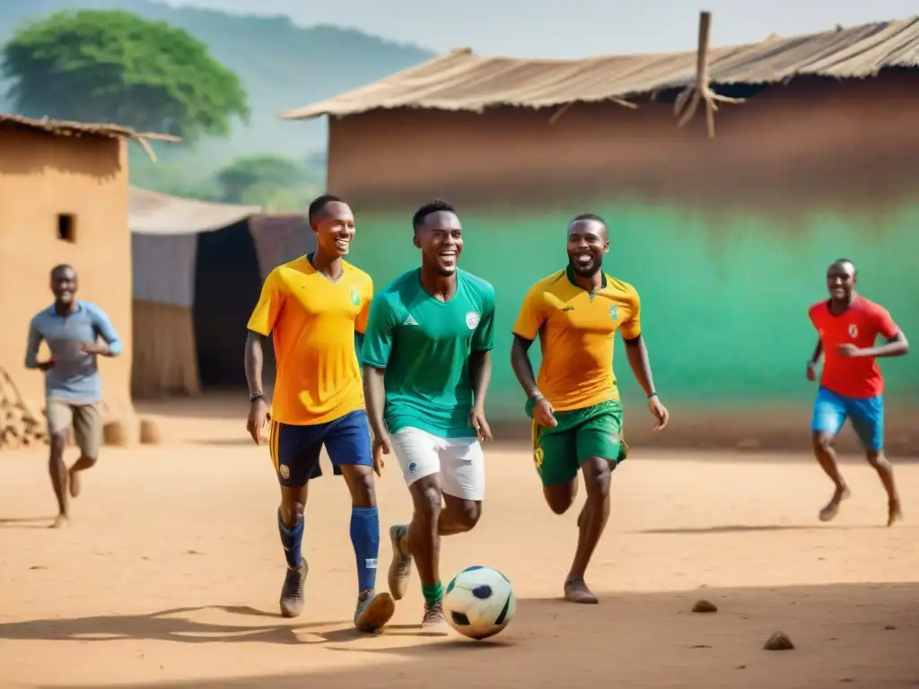 Jóvenes atletas africanos unidos en un juego de fútbol tradicional en una aldea bajo el sol