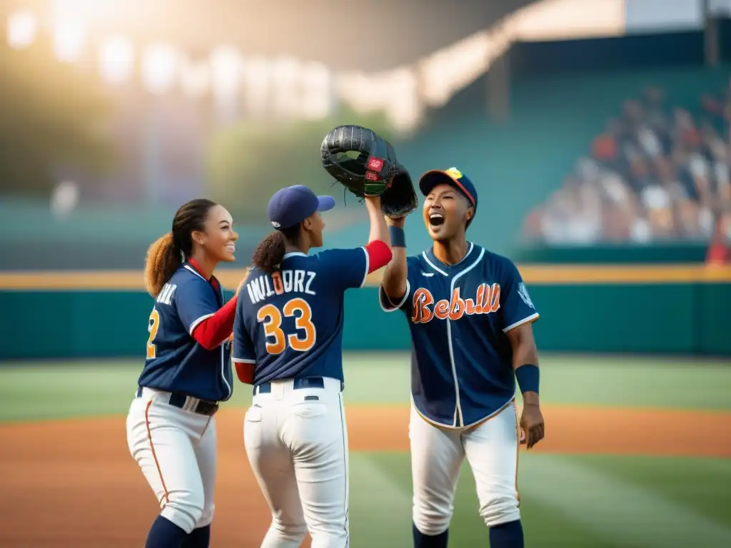 Jóvenes atletas de diversas culturas visten uniformes de béisbol, celebrando en un campo multicultural