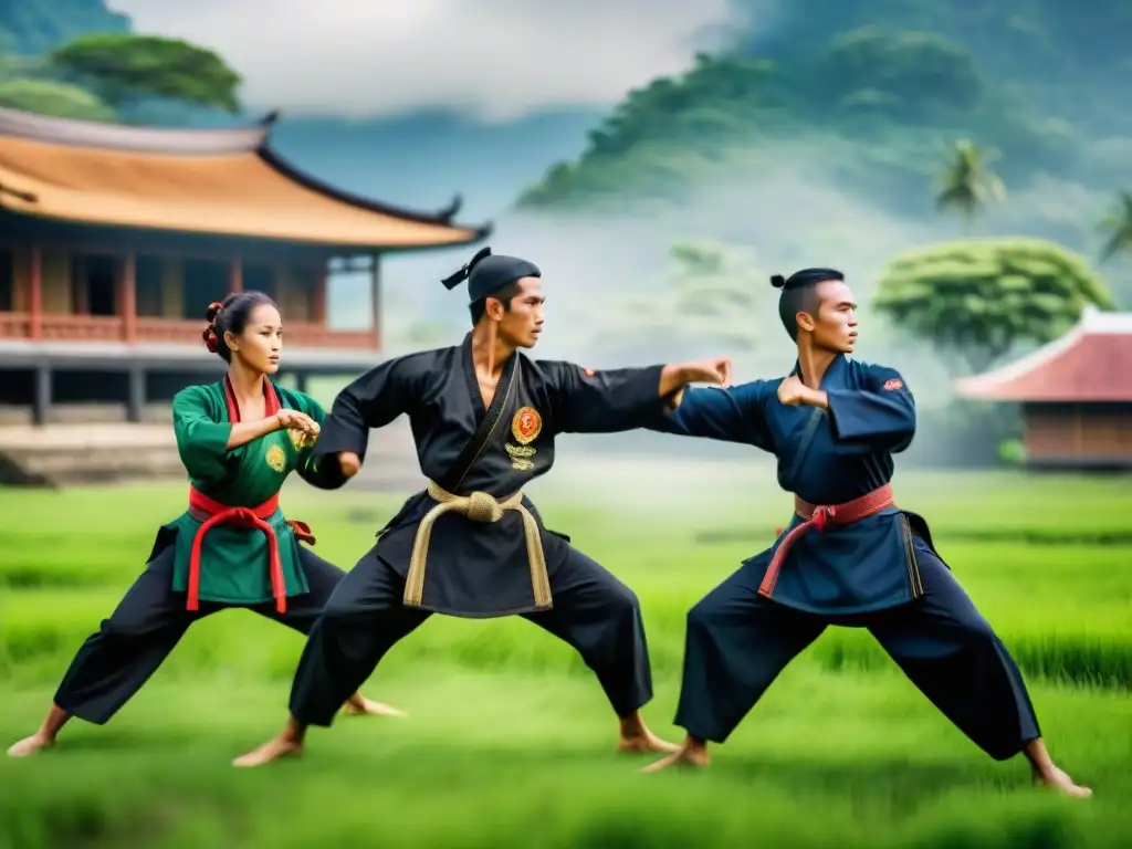 Jóvenes atletas indonesios practican Pencak Silat en un campo verde, reflejando la Evolución del Pencak Silat en Indonesia