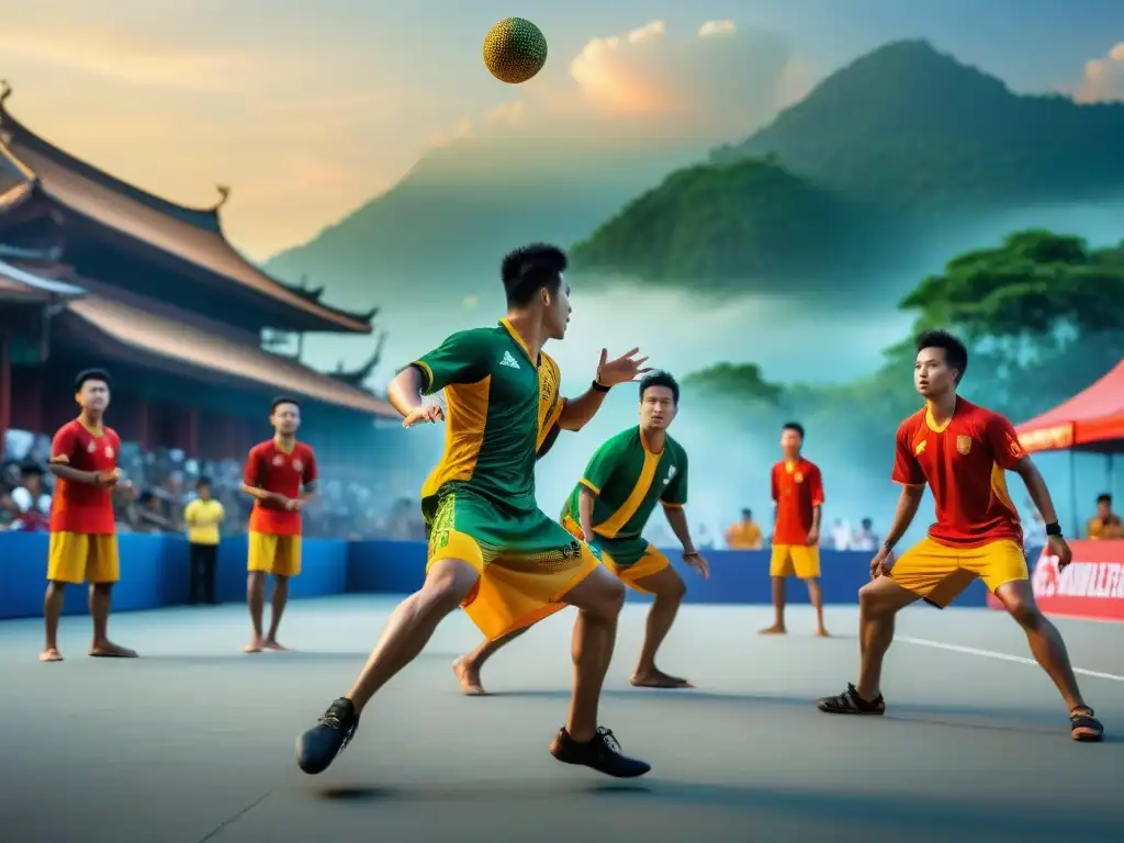 Jóvenes atletas en un intenso juego de Sepak Takraw al atardecer, con la historia del Sepak Takraw en Asia reflejada en la cultura y la destreza