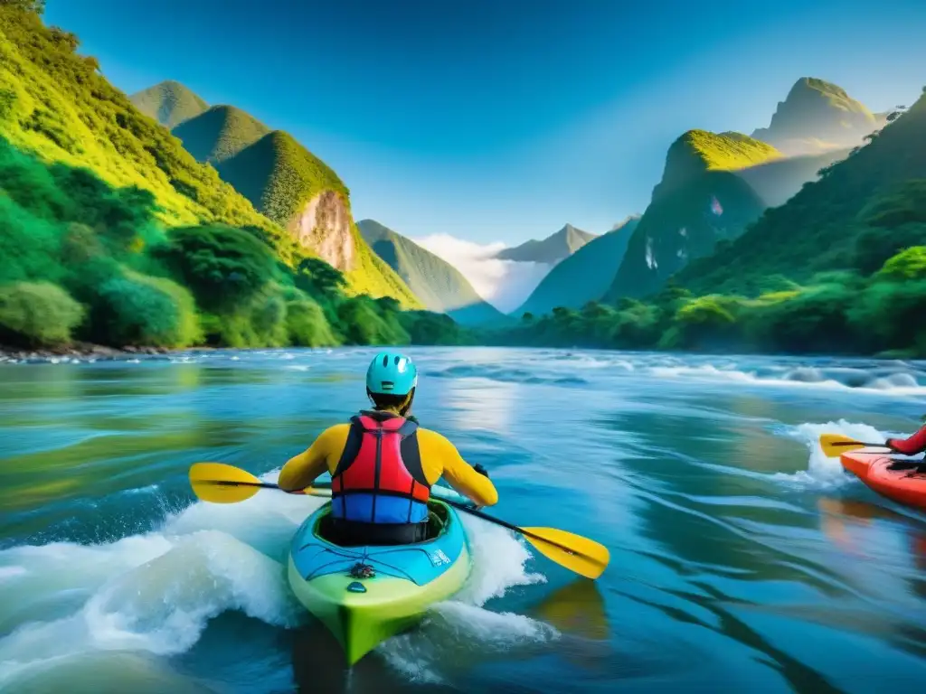 Jóvenes atletas latinos en kayaks coloridos surcan aguas rápidas rodeados de naturaleza exuberante