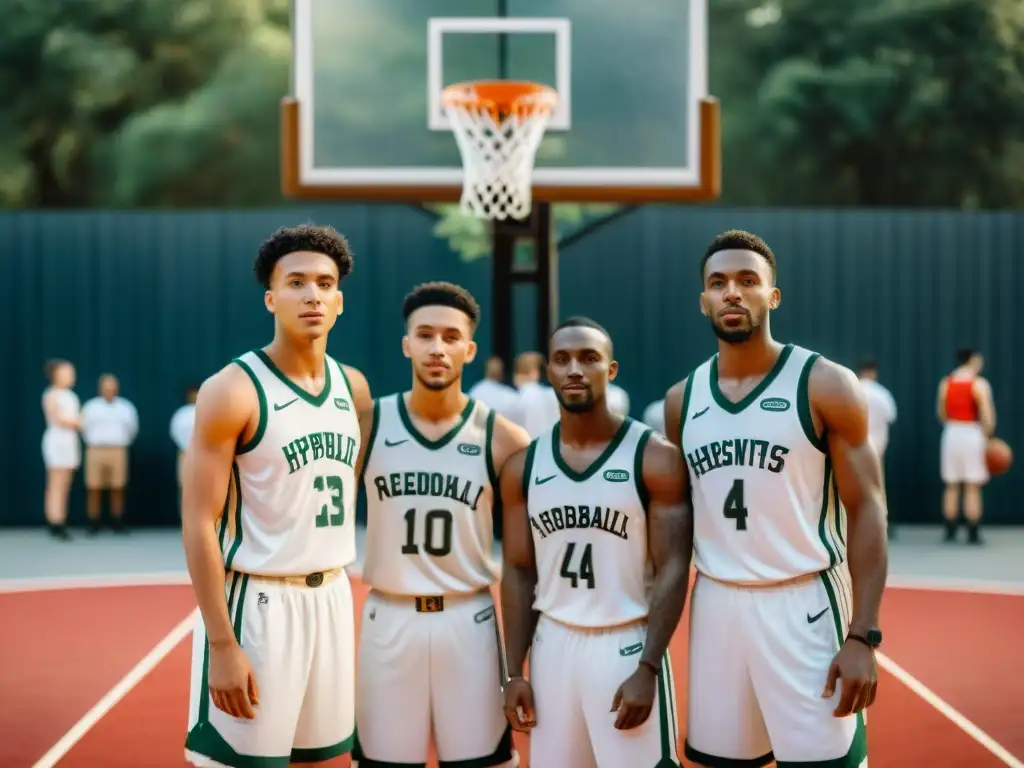 Jóvenes atletas de diferentes países en uniformes vintage, jugando baloncesto en una cancha al aire libre