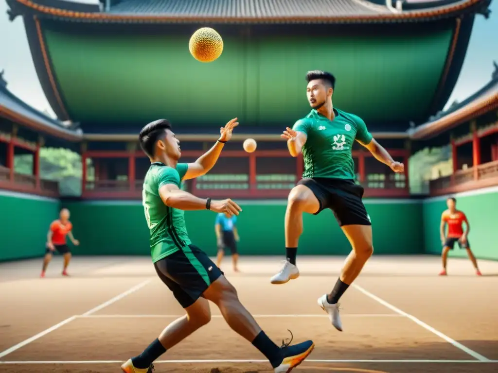 Jóvenes atletas juegan Sepak Takraw en una cancha al aire libre en Asia