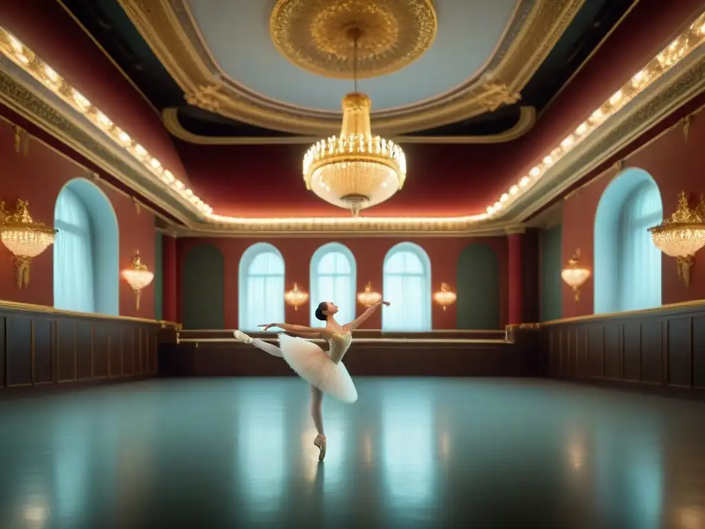 Jóvenes bailarinas en trajes de ballet ruso practican en teatro histórico, rodeadas de decoraciones doradas y chandeliers