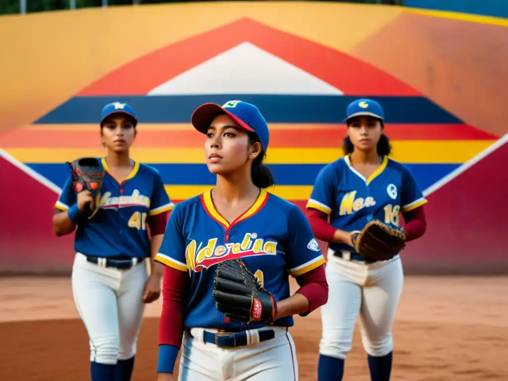 Jóvenes beisbolistas venezolanas en un campo con mural histórico sobre el origen del béisbol en Venezuela