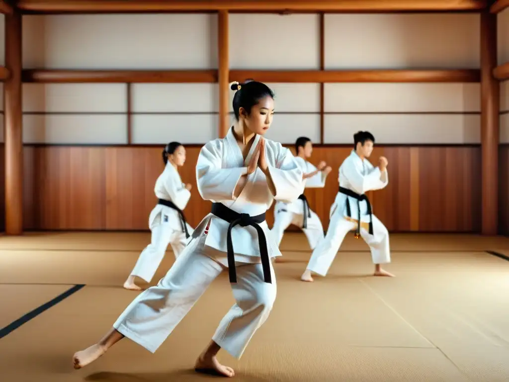 Jóvenes karatecas en gi blanco realizando katas en un dojo tradicional, reflejando la Historia del Karate en América