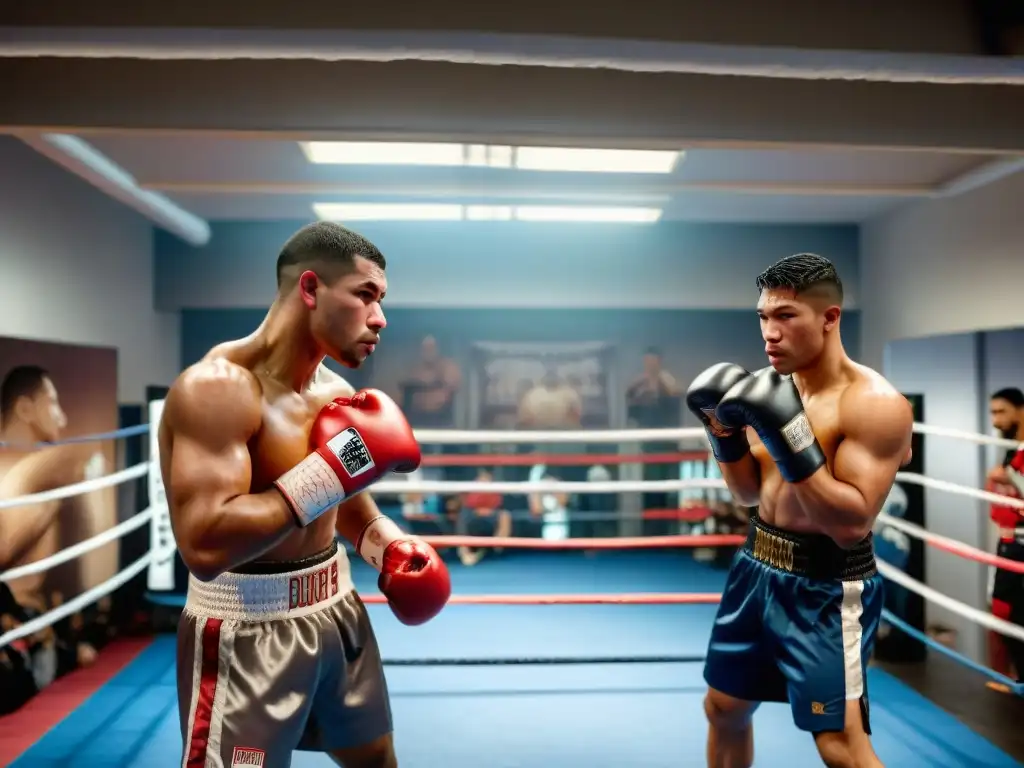 Jóvenes boxeadores latinos en un gimnasio urbano, reflejando pasión y camaradería en la evolución de la historia del boxeo latinoamericano