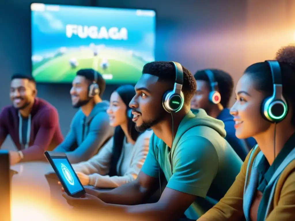 Jóvenes concentrados y emocionados en un juego de idiomas, fusionando tecnología y educación