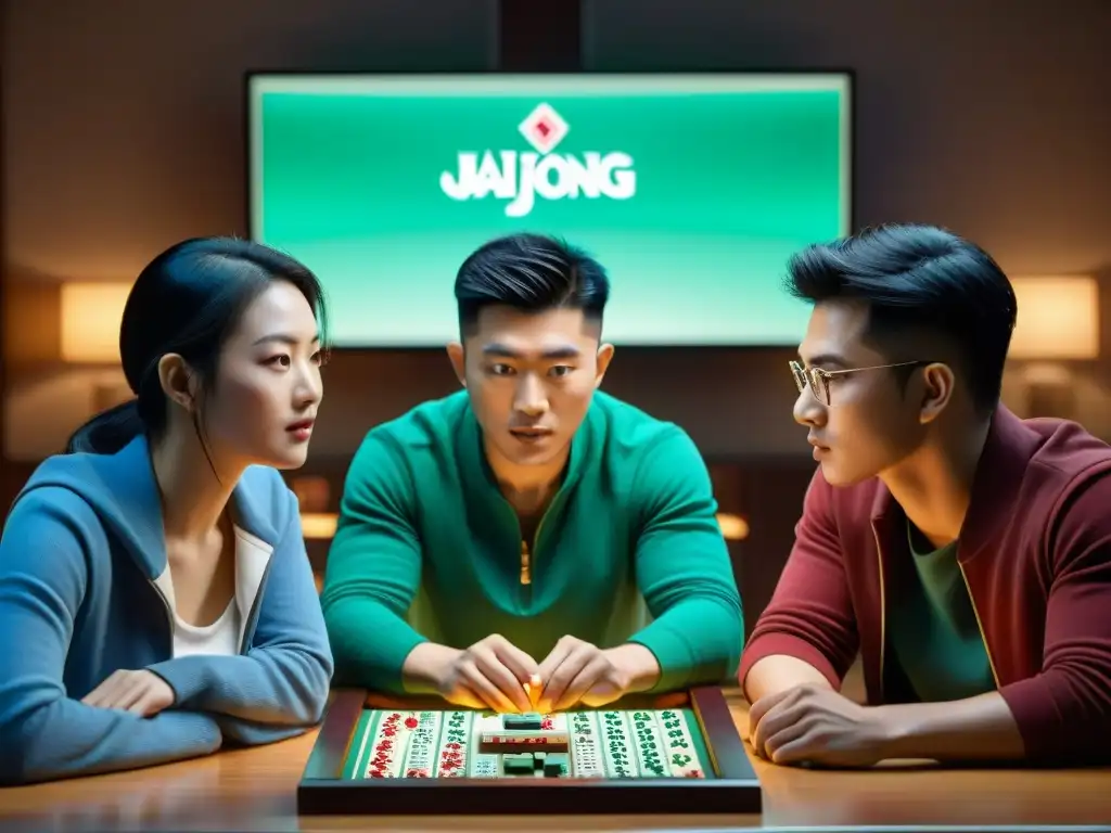 Jóvenes concentrados en un juego moderno de Mahjong, fusionando tradiciones antiguas y tecnología innovadora