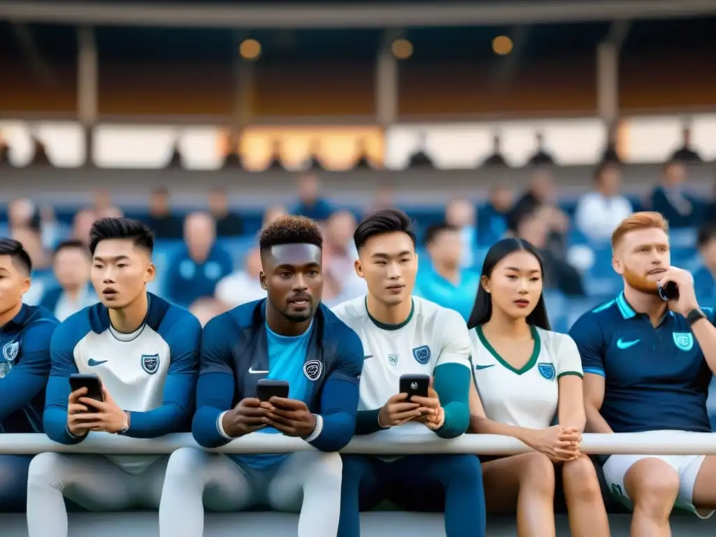 Jóvenes concentrados en juegos deportivos móviles en estadio, con emoción y competitividad
