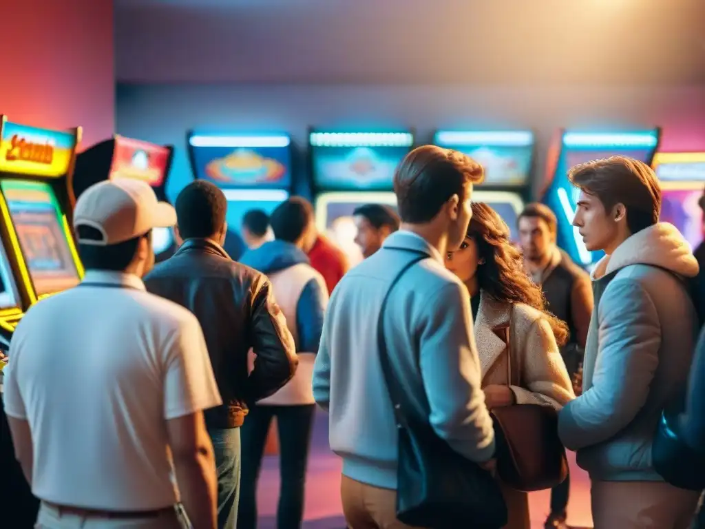 Jóvenes compitiendo en una concurrida sala de juegos de los años 80, con la emoción y camaradería del origen primer eSport competencia digital