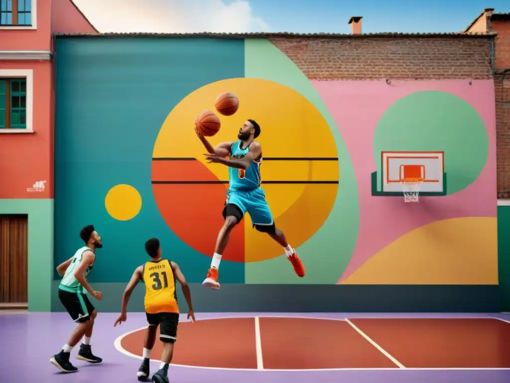 Jóvenes de distintas culturas juegan baloncesto en una cancha colorida, reflejando la historia del baloncesto a nivel mundial