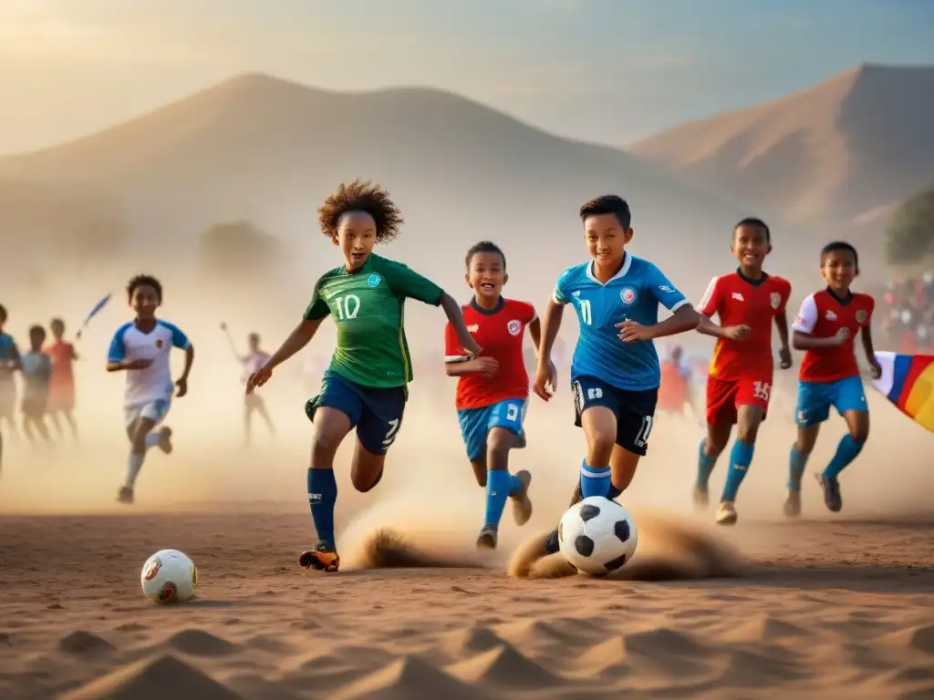 Jóvenes de diversas culturas jugando fútbol juntos en un campo improvisado, simbolizando la evolución del fútbol en culturas