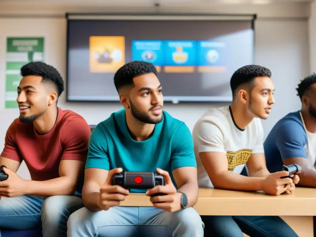 Jóvenes de diversas culturas juegan videojuegos en aula multicultural