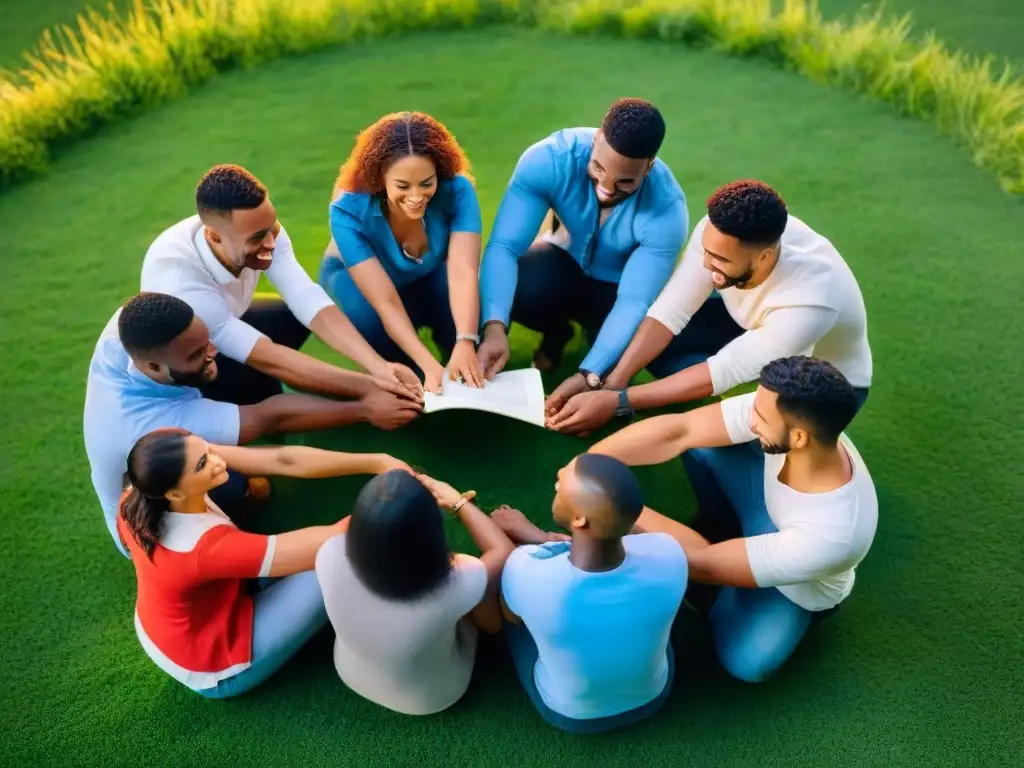 Jóvenes resolviendo un desafío juntos al atardecer en campo