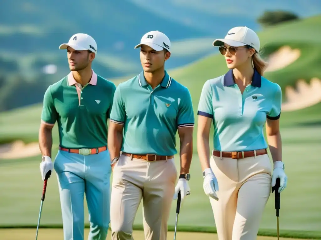 Jóvenes elegantes jugando golf en un campo verde bajo el sol brillante