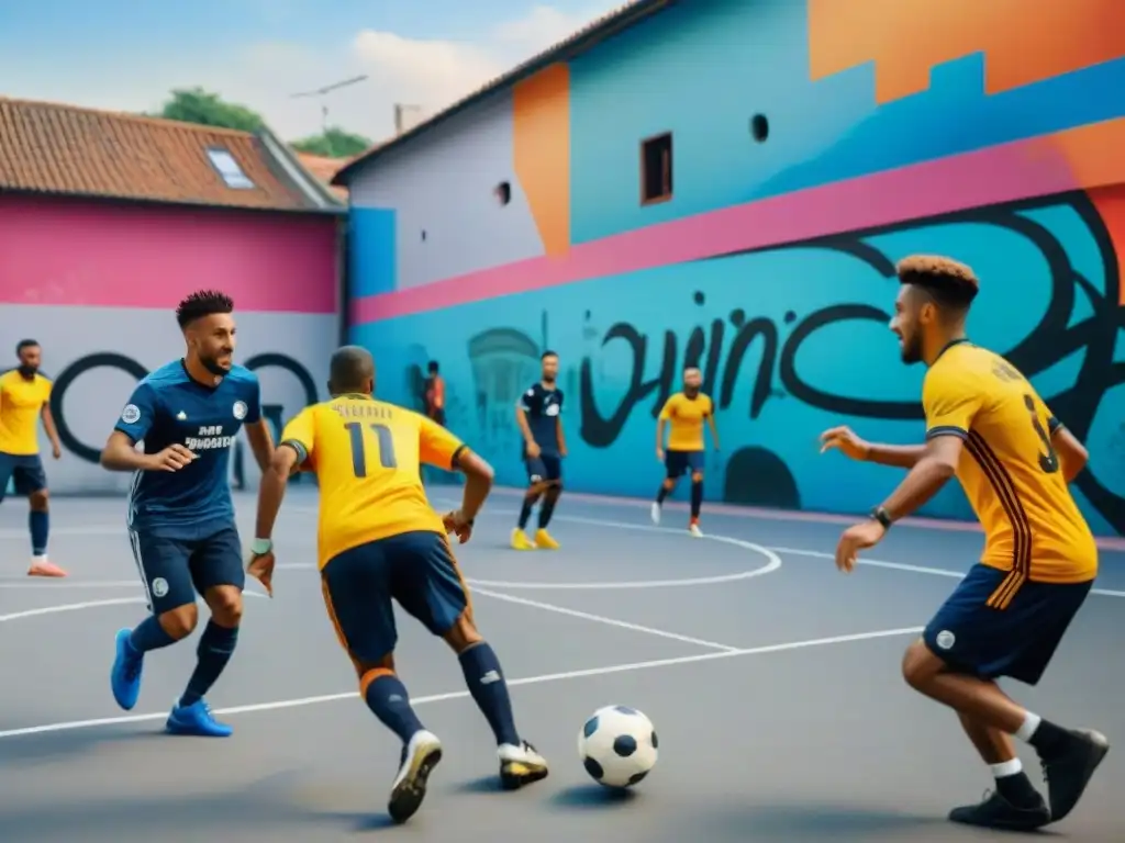 Jóvenes diversos juegan fútbol callejero en barrio urbano, fusionando tradición con tecnología y redes sociales