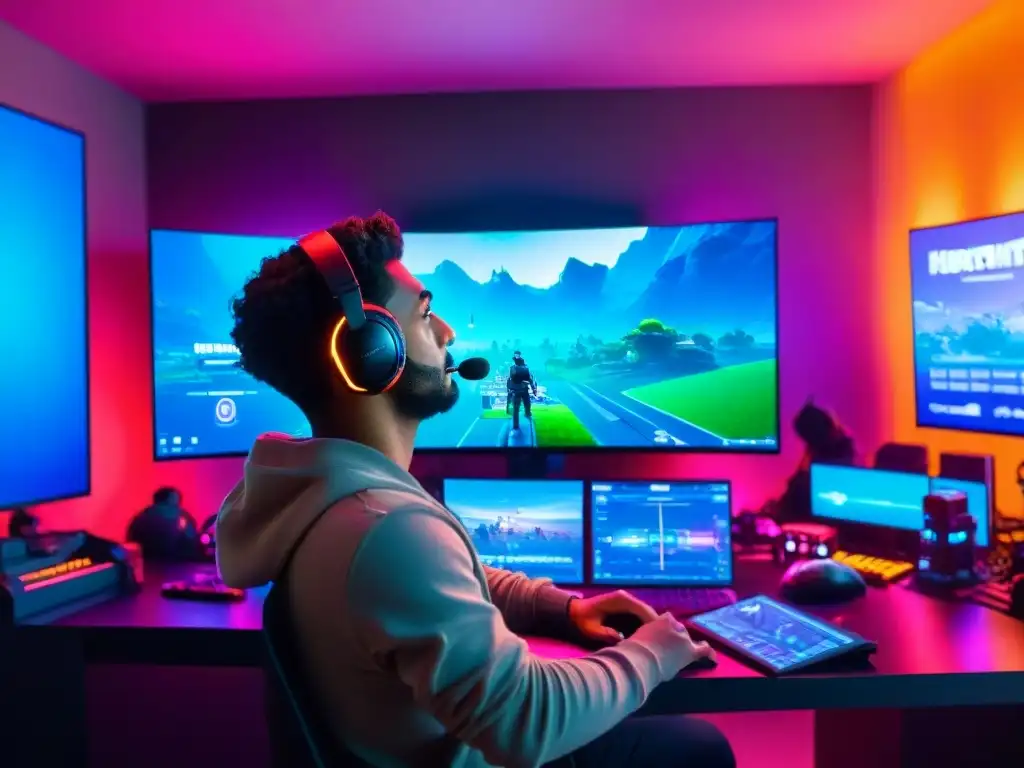 Jóvenes gamers concentrados en emocionante partida de Fortnite, rodeados de tecnología y luces LED, reflejando cultura global de juegos