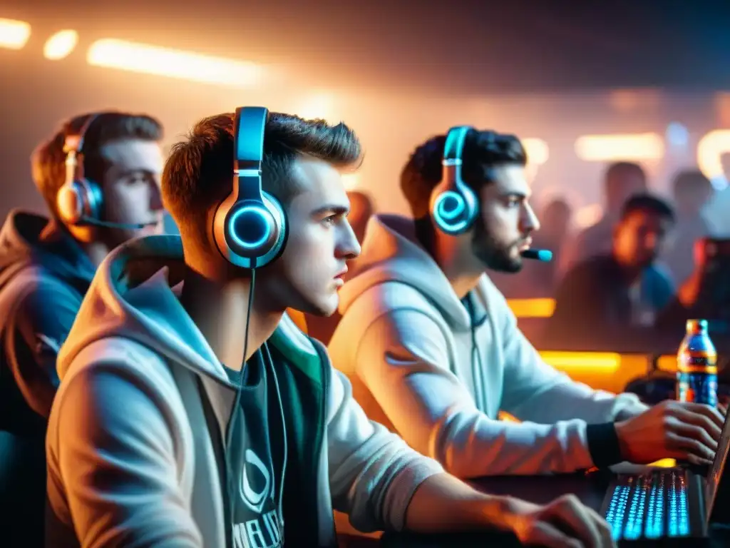 Jóvenes gamers concentrados en pantallas, rodeados de snacks y latas de bebida, reflejando el impacto de los eSports en relaciones