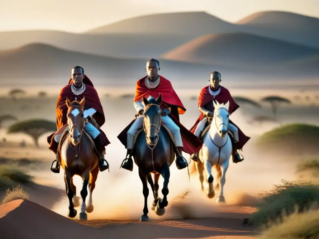 Jóvenes guerreros Maasai montan caballos al amanecer en la sabana del Serengeti, mostrando habilidades ecuestres tradicionales