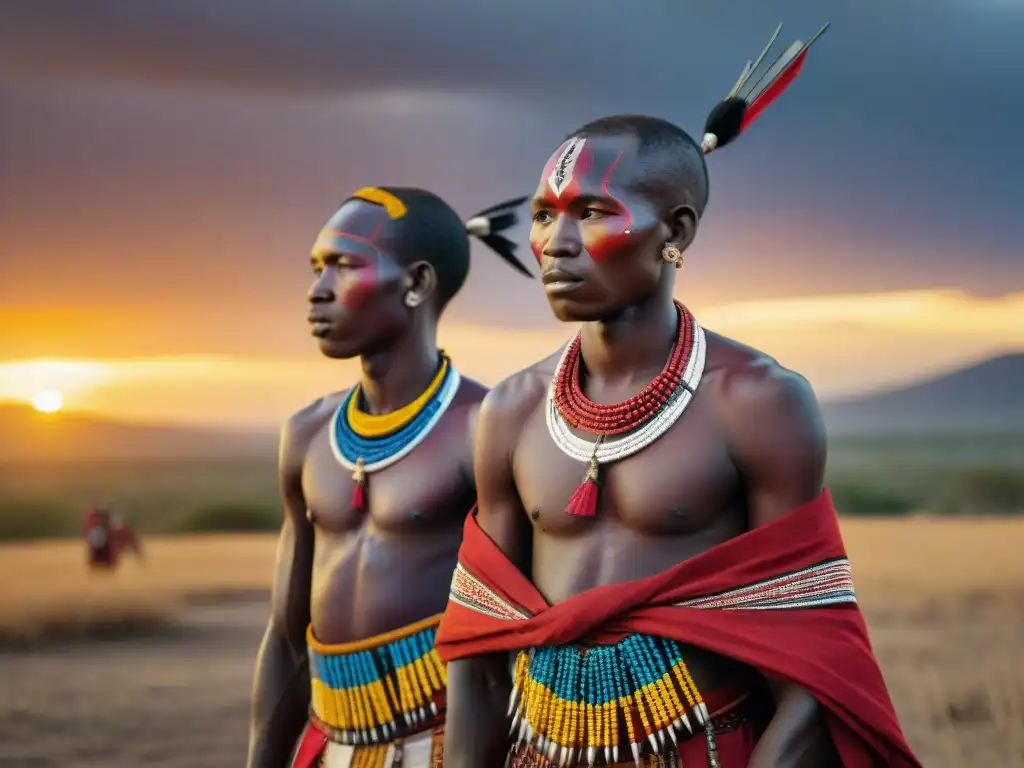 Jóvenes guerreros Maasai en ritual de salto, con vestimenta tradicional y paisaje africano al atardecer