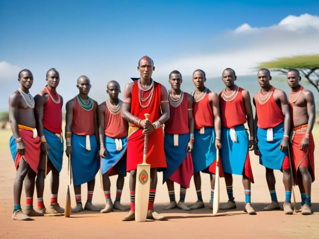 Jóvenes guerreros Maasai en rituales de iniciación deportiva cultural con cricket en Kenia