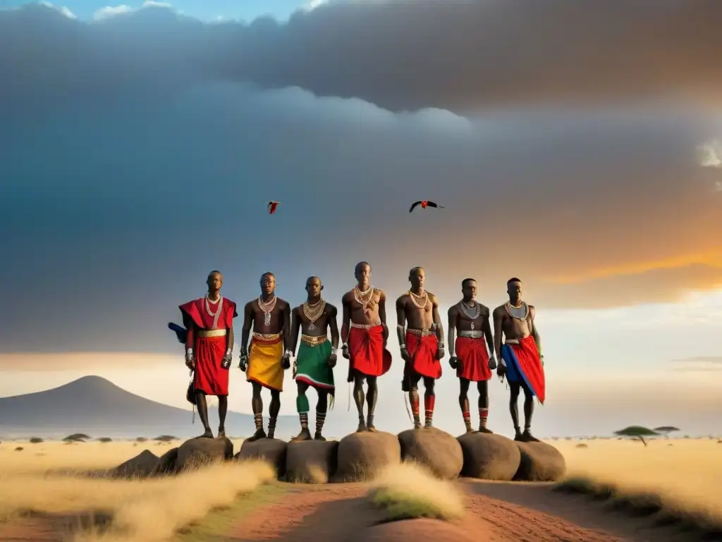 Jóvenes guerreros Maasai compiten en salto alto al atardecer en la sabana