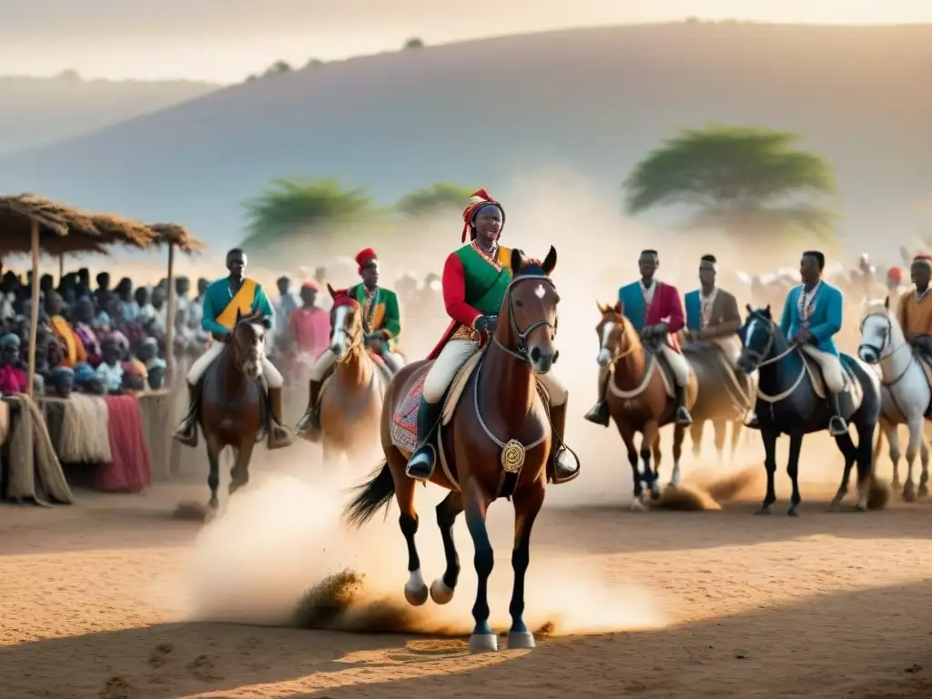 Jóvenes jinetes africanos en atuendos tradicionales compiten en un desafiante recorrido ecuestre al atardecer