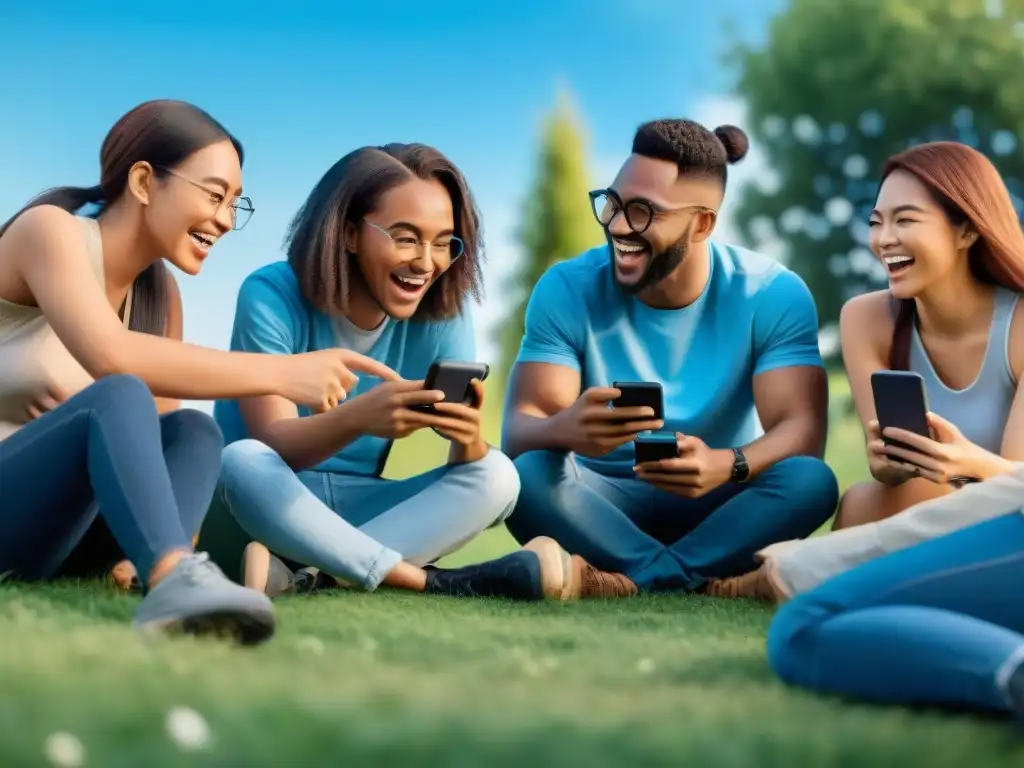Jóvenes disfrutan juegos móviles en parque, creando impacto en relaciones personales