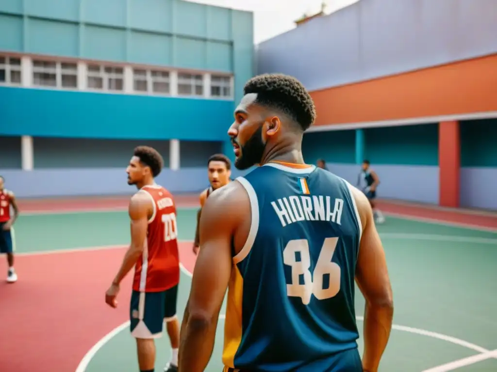 Jóvenes jugadores de baloncesto de América Latina practicando juntos en una cancha vibrante, uniendo historia baloncesto América Latina cultura