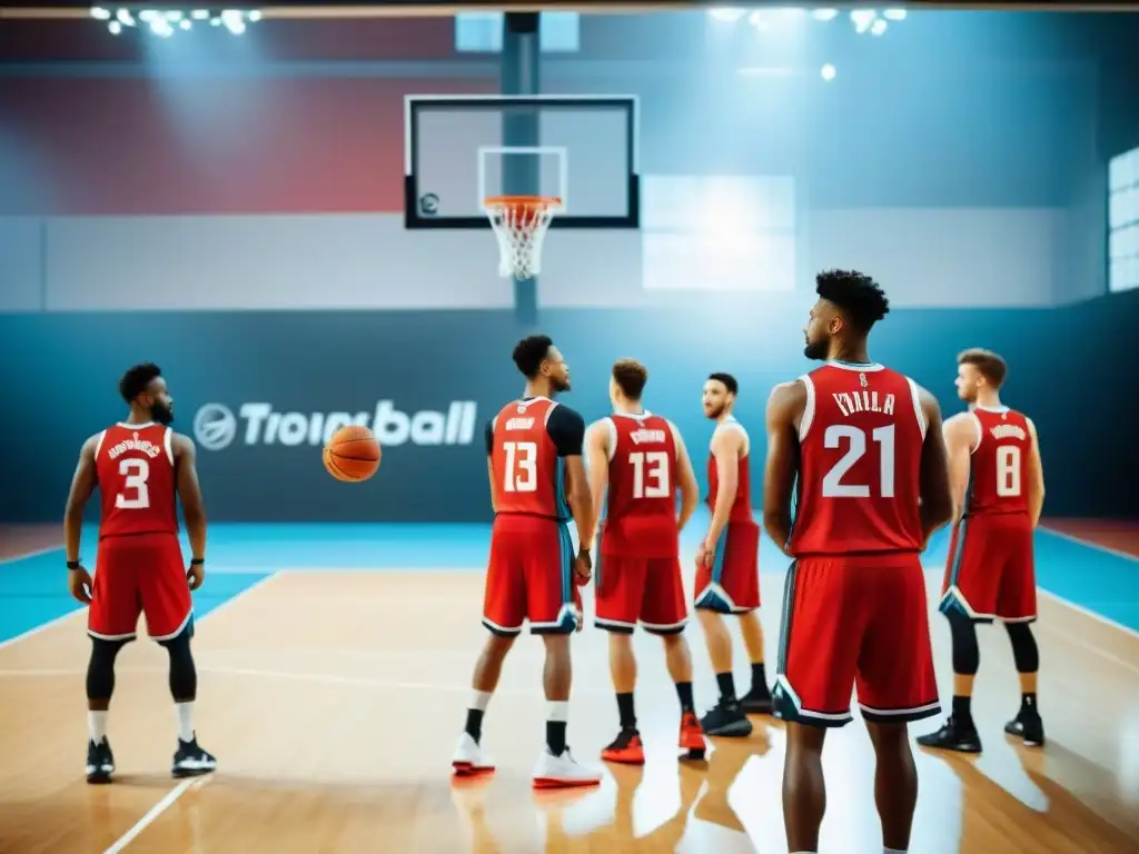 Jóvenes jugadores de baloncesto de diferentes países europeos practicando juntos en una cancha moderna, unidos en la diversidad y la intensidad del juego