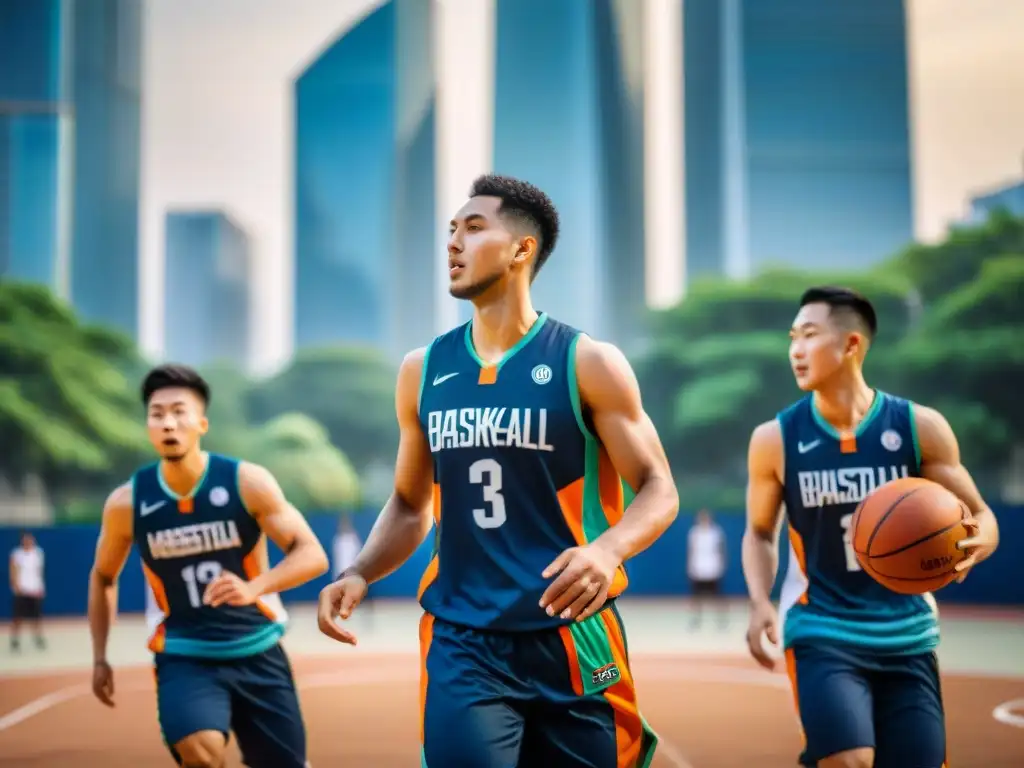 Jóvenes jugadores de baloncesto de Asia, unidos en un vibrante juego entre rascacielos y templos, reflejando la historia del baloncesto en culturas