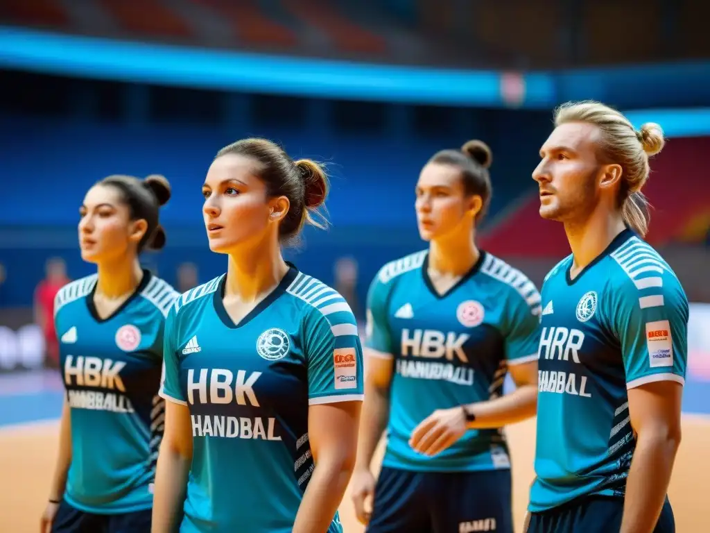 Entrenamiento intenso de jóvenes jugadores de balonmano en Europa del Este Jóvenes jugadores de balonmano en Europa del Este, entrenando con pasión en un moderno estadio, rodeados de motivación en cirílico