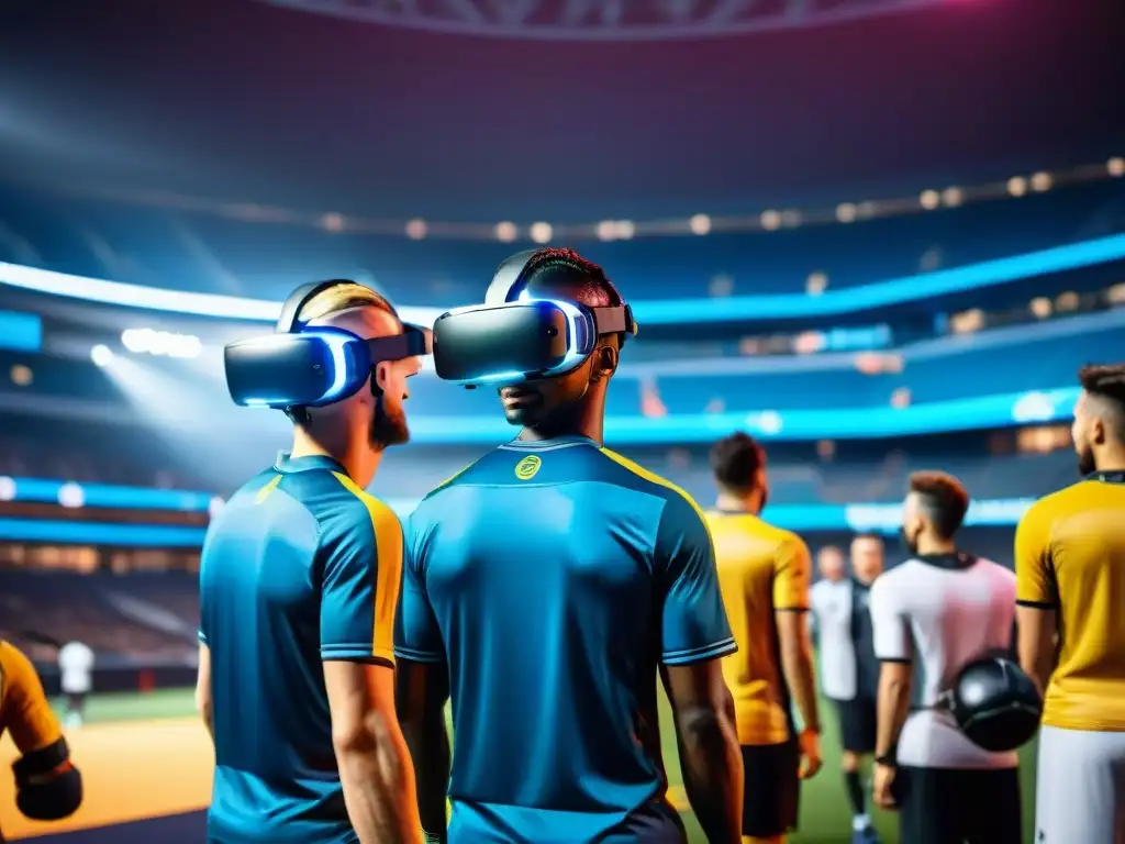 Jóvenes jugadores diversificados disfrutan de un juego de fútbol virtual en un estadio futurista, rodeados de tecnología de inteligencia artificial avanzada