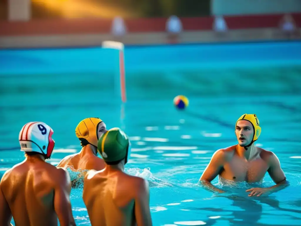 Jóvenes jugadores de water polo del Este de Europa en un antiguo escenario, demostrando pasión y trabajo en equipo