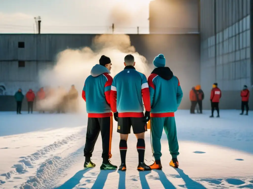 Jóvenes jugadores de fútbol de la calle en Rusia discuten estrategias en una cancha nevada de Korobka