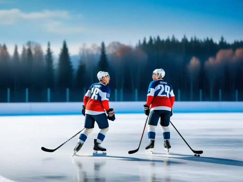 Jóvenes jugadores de hockey ruso practicando en lago helado, mostrando habilidades en paisaje invernal