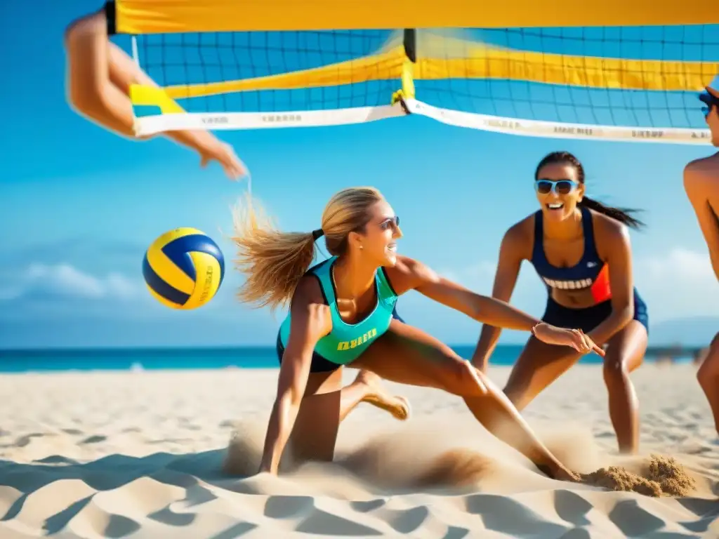 Jóvenes jugadores de vóley playa en acción, vibrante y colorido, fusionando tendencias moda verano voleibol playa