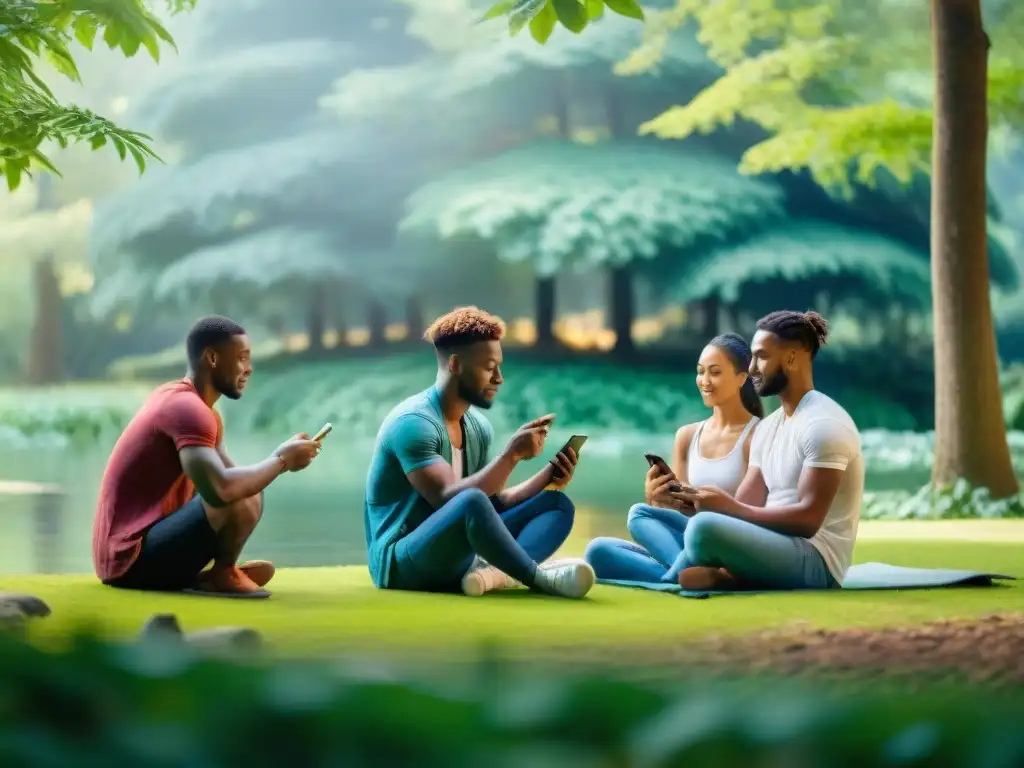 Jóvenes en parque, practicando mindfulness con apps de salud mental