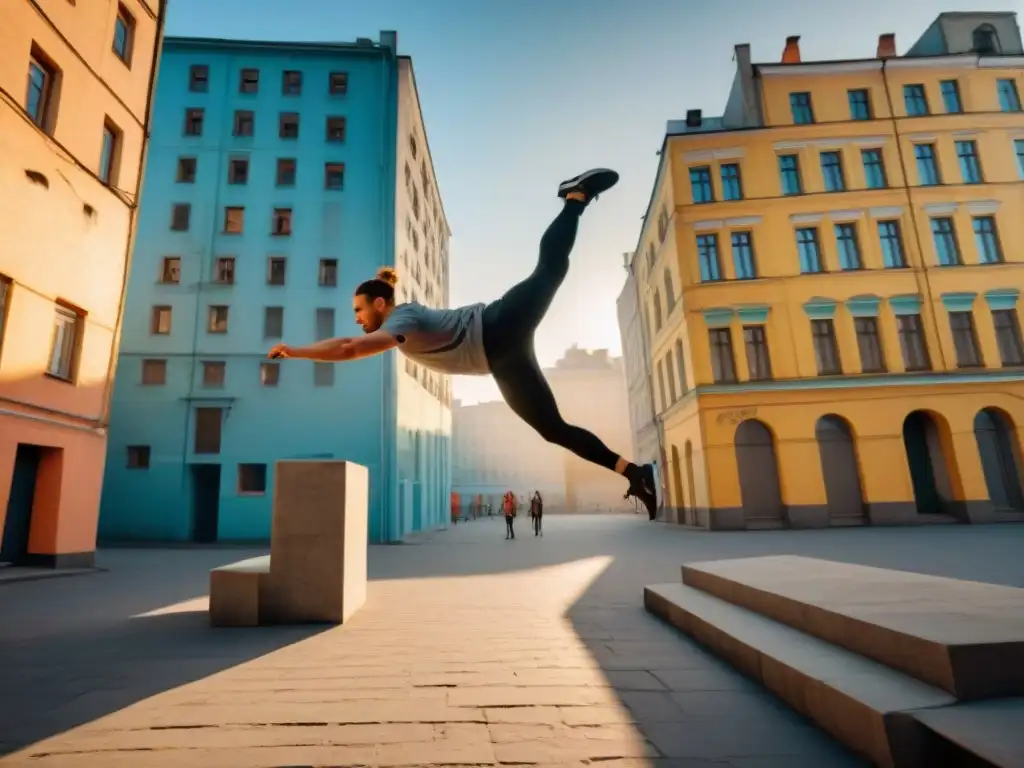 Jóvenes practicantes de parkour en una ciudad rusa, capturados en un instante de pura destreza y rebeldía