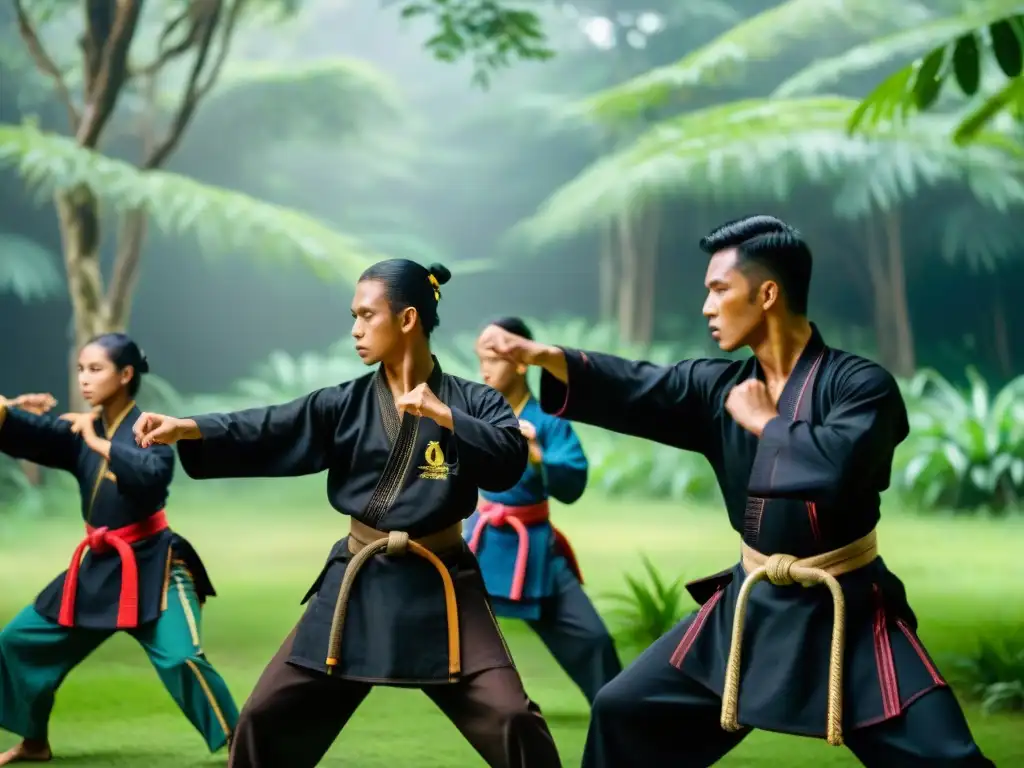 Jóvenes practicantes de Pencak Silat en Indonesia, entrenando con pasión en la selva