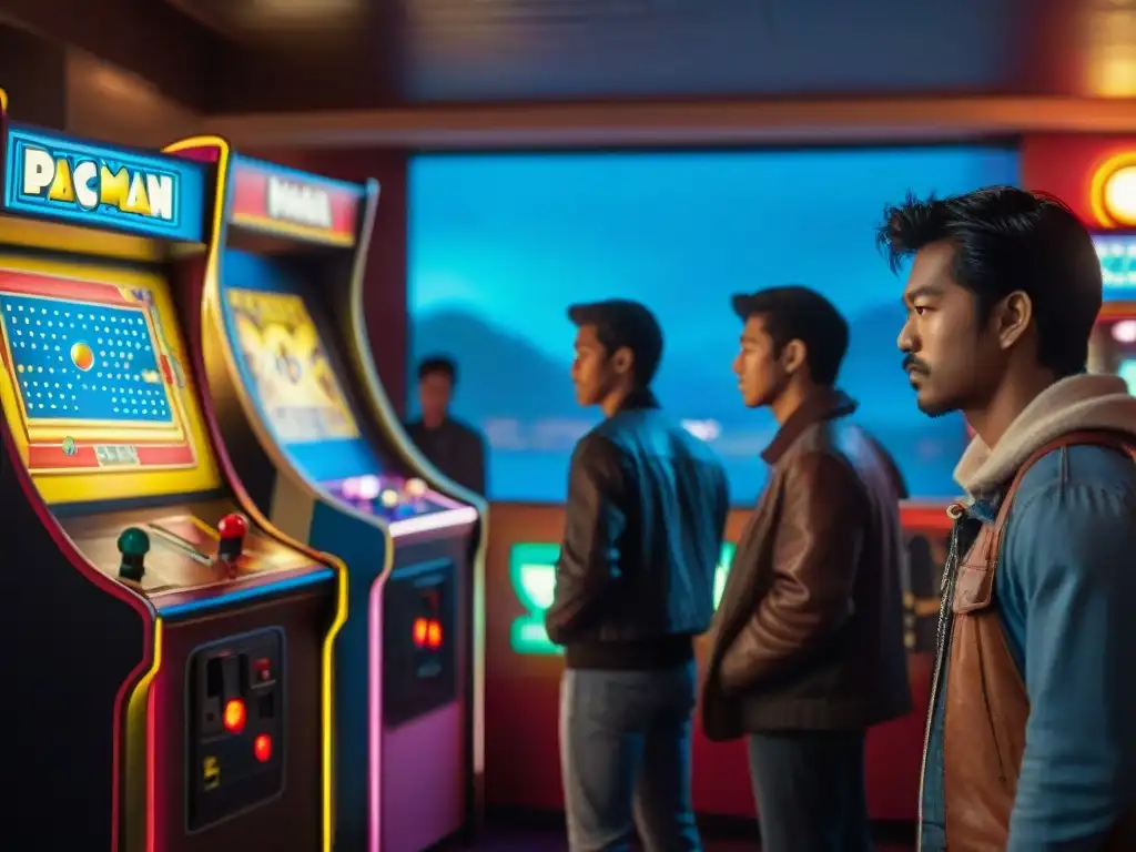 Jóvenes disfrutan de PacMan en una sala arcade de los 80, rodeados de luces neón, evocando la evolución de los videojuegos culturapop