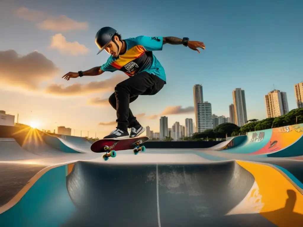 Jóvenes skaters en un bullicioso skatepark urbano de Sao Paulo, Brasil, realizando trucos impresionantes al atardecer