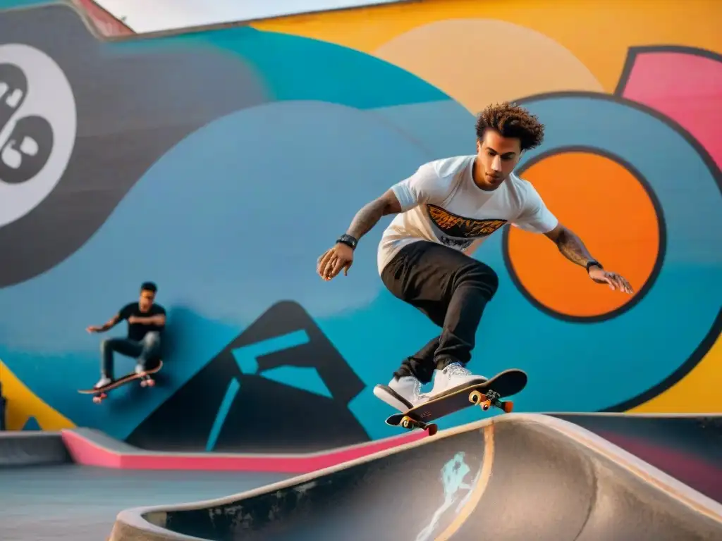 Jóvenes skaters demostrando sus habilidades en un colorido skatepark latinoamericano, con graffiti vibrante y espectadores emocionados al atardecer