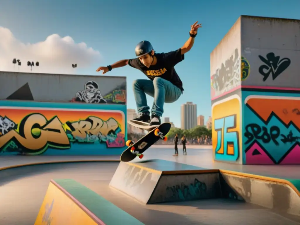 Jóvenes skaters latinos realizan trucos en un colorido skatepark lleno de arte urbano