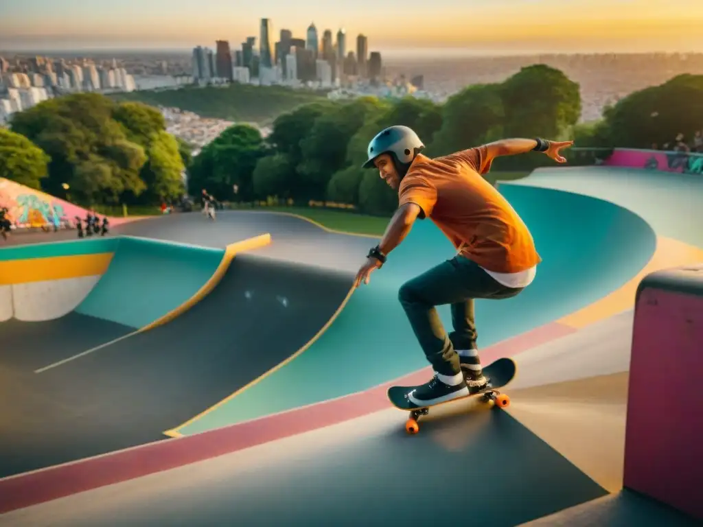 Jóvenes skaters con tablas coloridas y motivos latinos en un skatepark urbano lleno de grafitis al atardecer en una ciudad latinoamericana