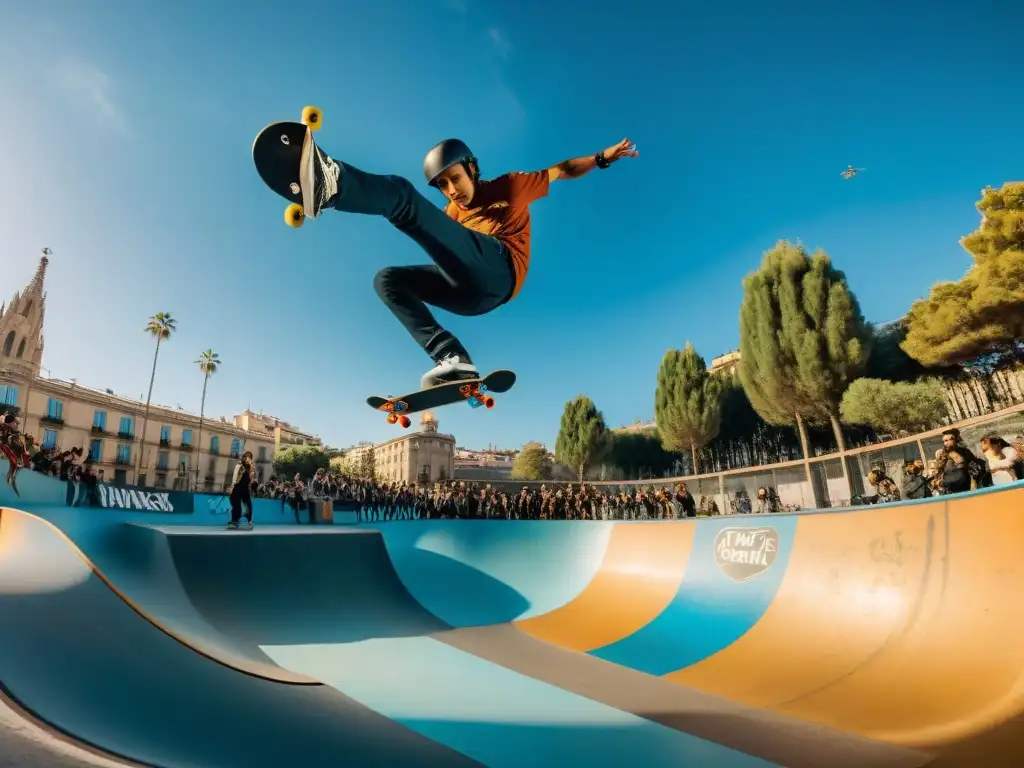 Skaters en acción: vibrante escena de skate en Barcelona Jóvenes skaters realizan trucos en un animado parque de skate en Barcelona, capturando la historia cultura skate Europa