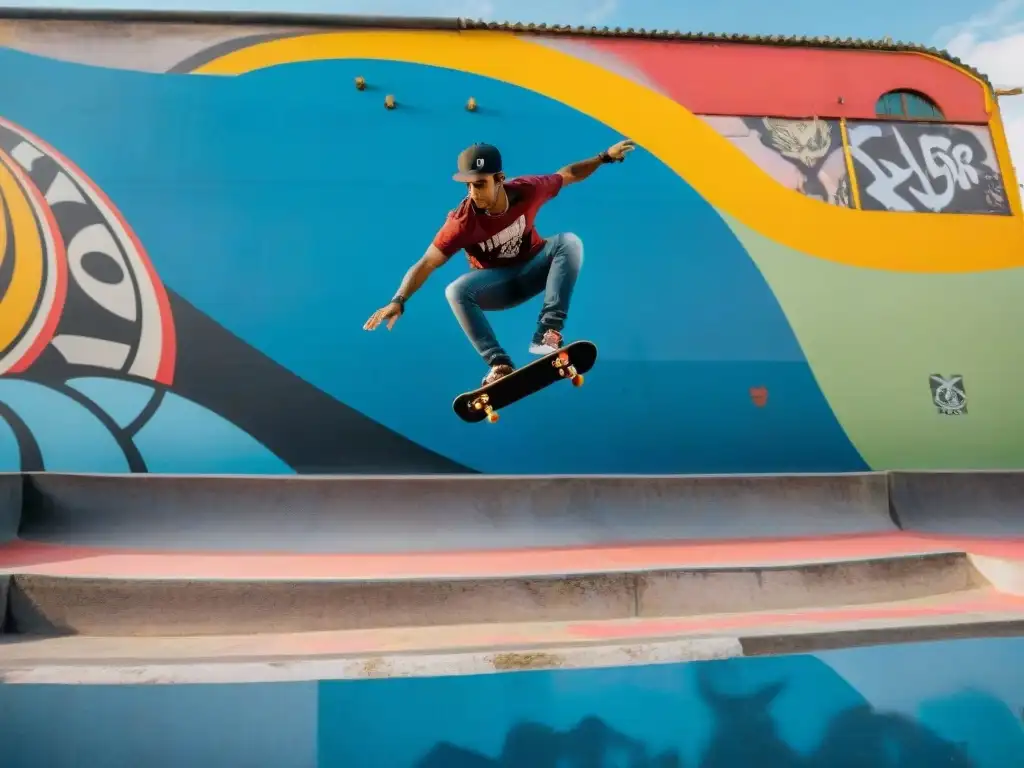 Jóvenes skaters haciendo trucos en skatepark de São Paulo, Brasil, rodeados de arte urbano colorido