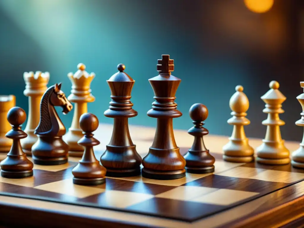 Un juego de ajedrez antiguo tallado con detalle en una mesa rústica, jugadores concentrados